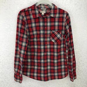 Merona 100% Cotton Half-Placket Red, Black & White Tartan Long Sleeve Shirt